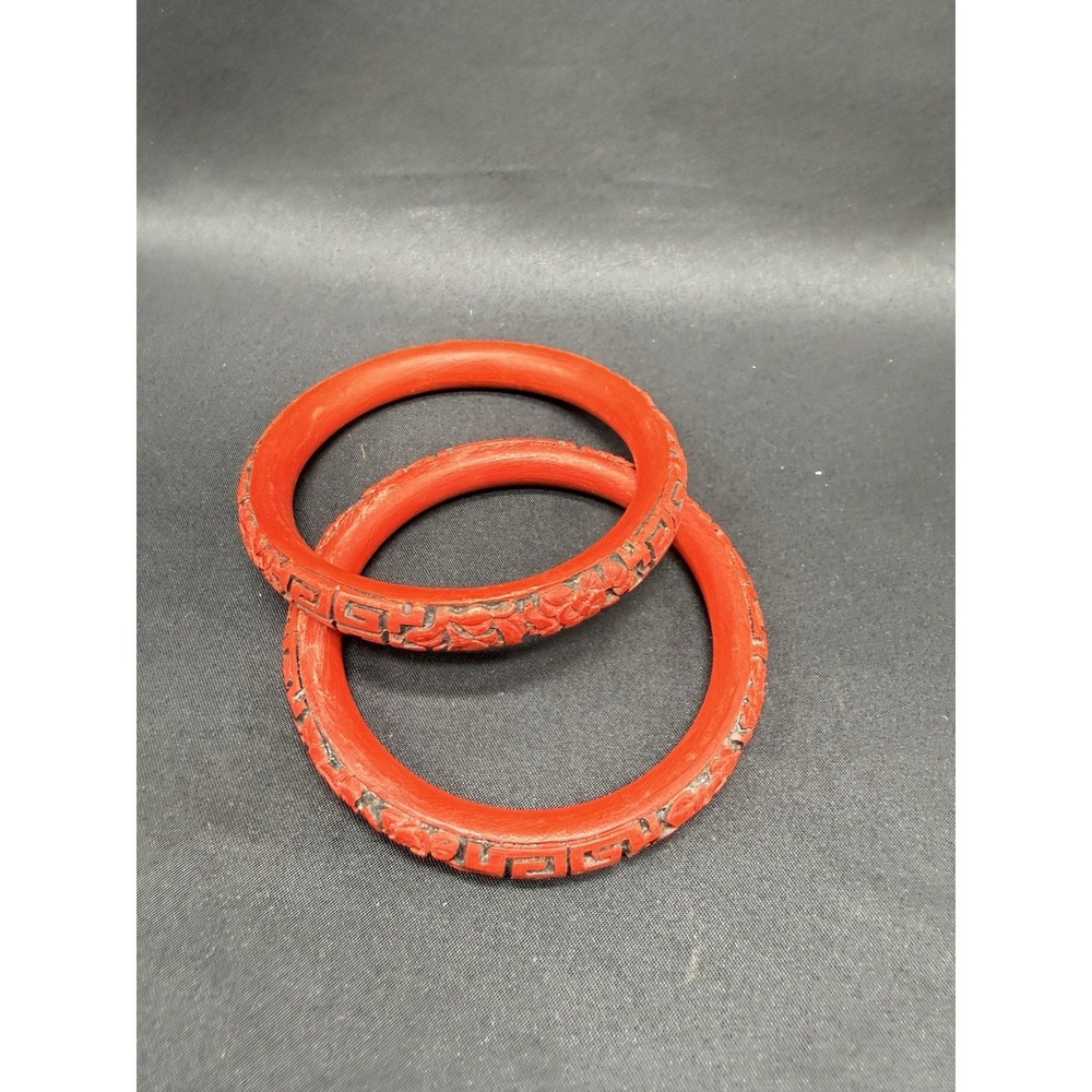 Vintage Red Cinnabar Style Carved Floral Bangle Bracelet Pair Stackable Set